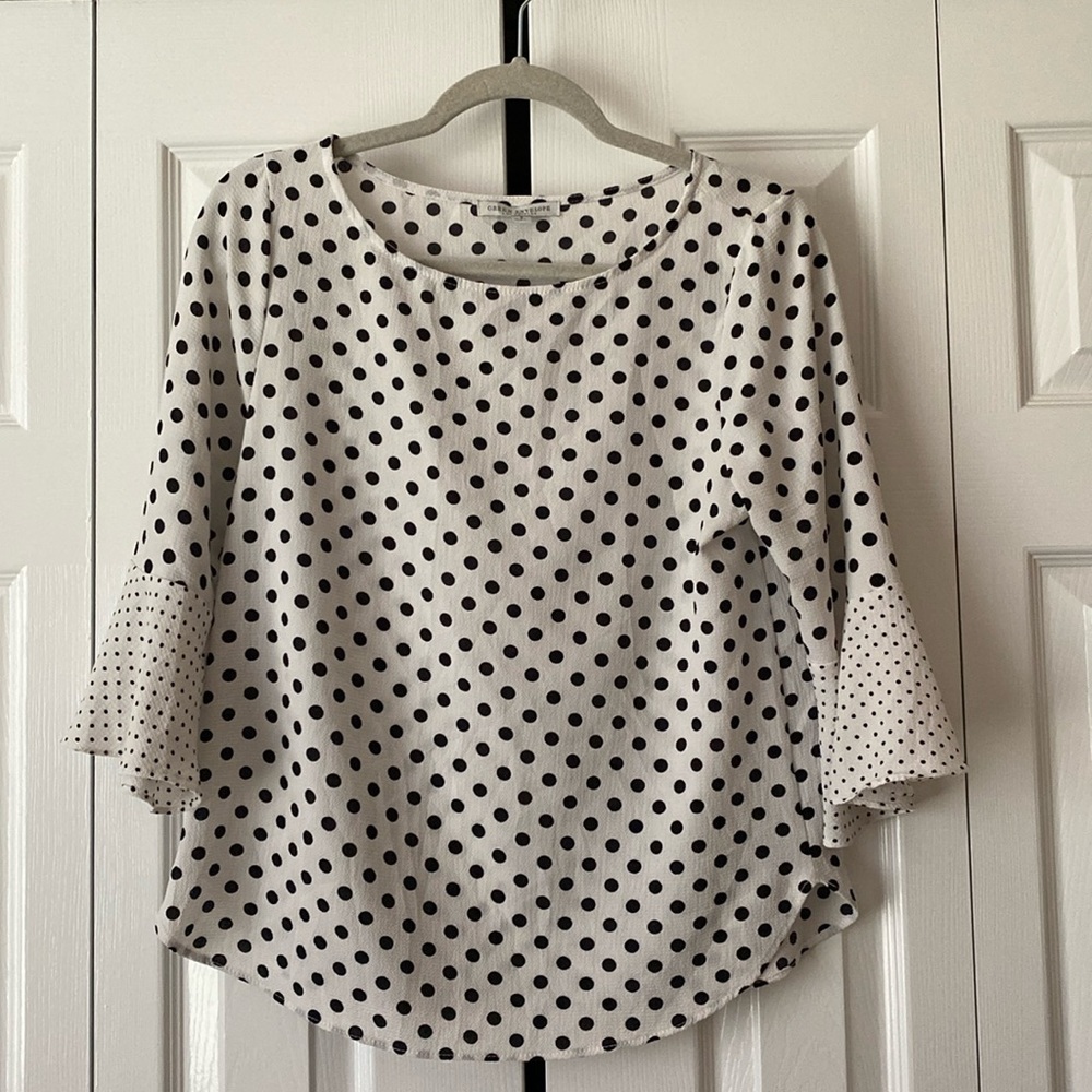 Green Envelope white and black polka dot blouse
